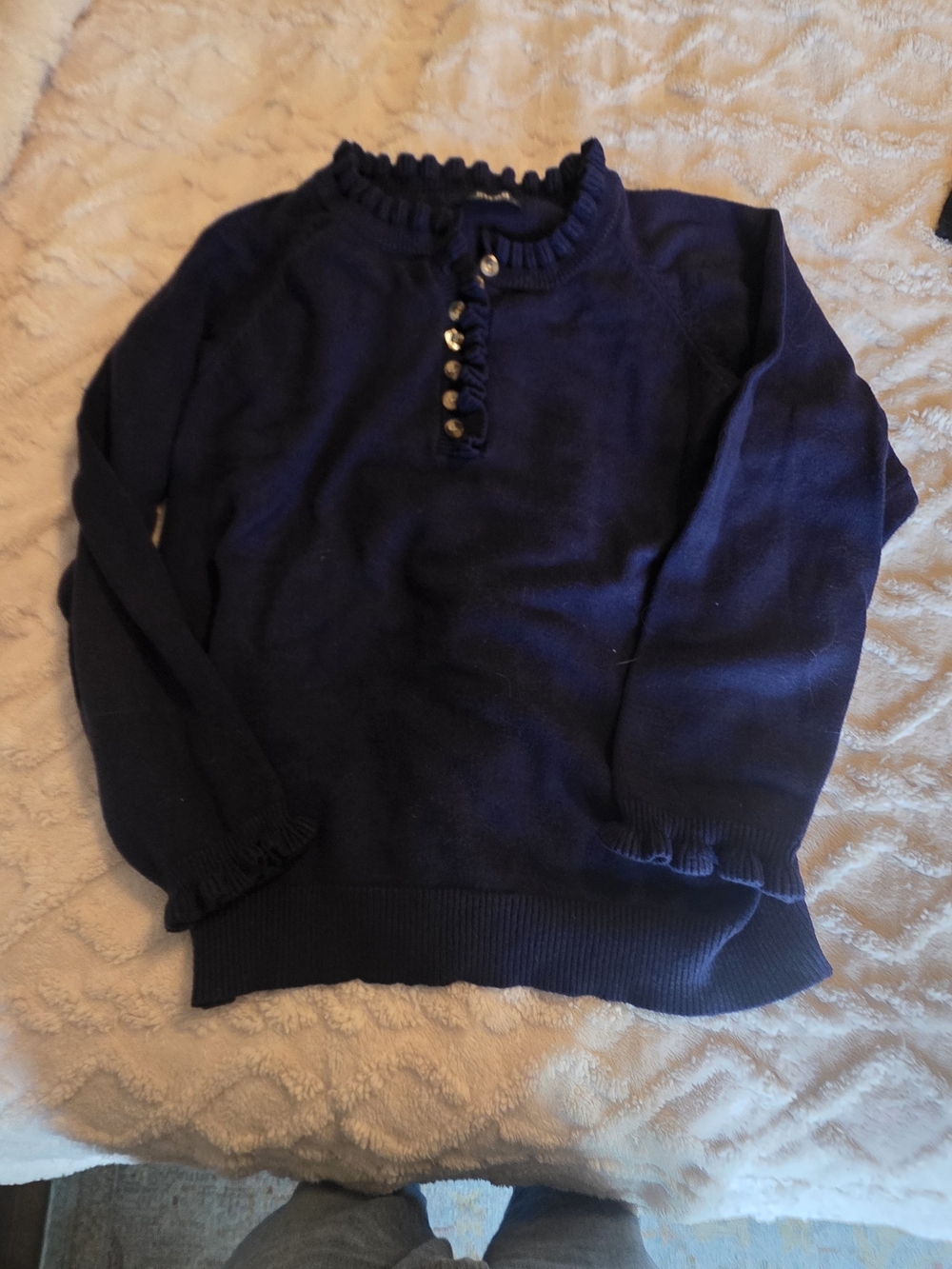 Ruffle-Trim Navy Crewneck Sweater with Button Placket